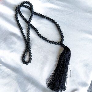 Black Lava Rock Beaded Tassel Necklace